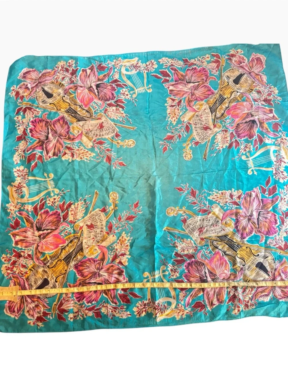 Vintage 50s 100% Silk Large Square Scarf Violin Harp Sheet Music Teal Blue 33x32